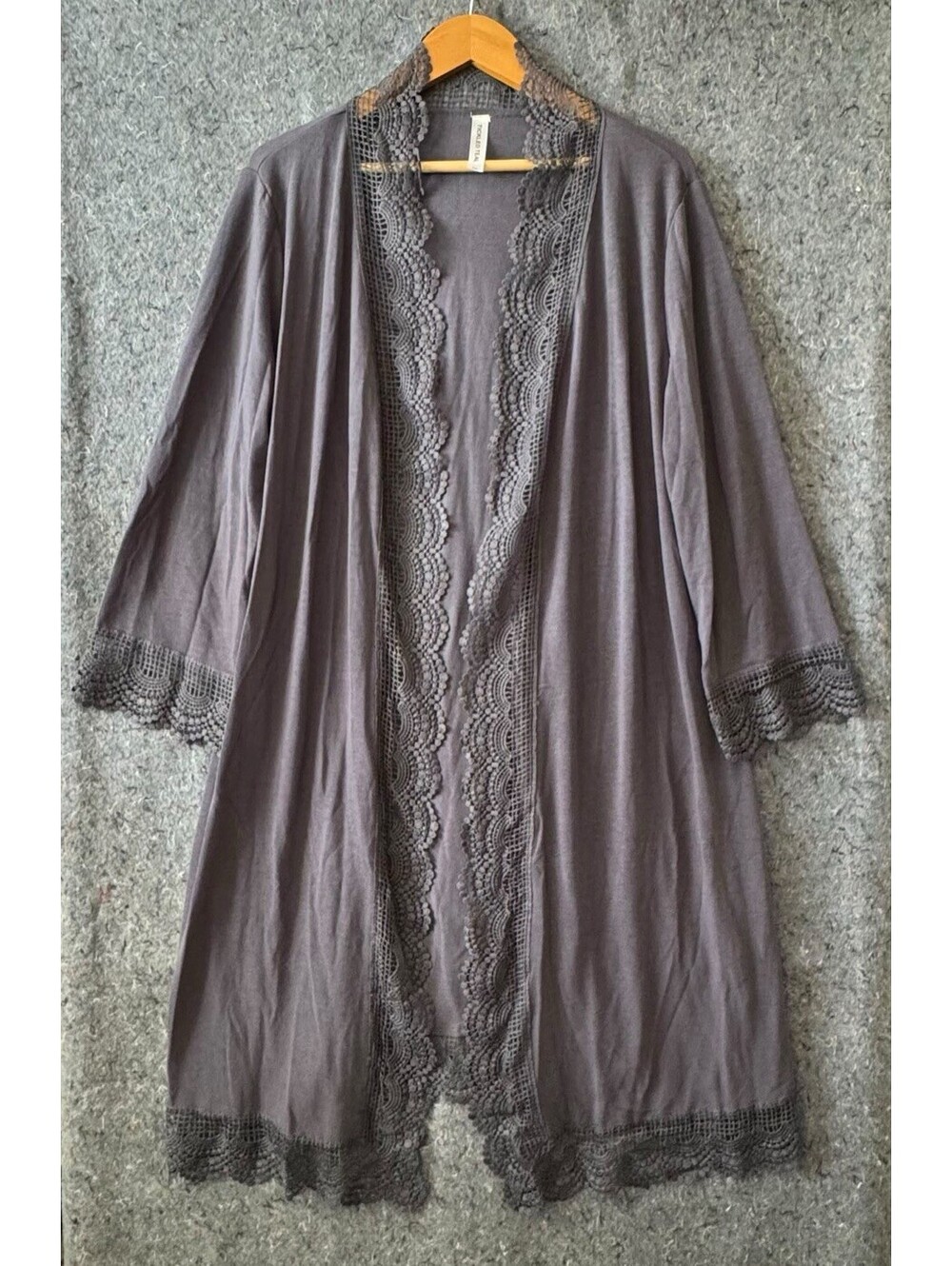 Tickled Teal 2X Charcoal Lace Kimono Duster Cardigan Open Front Crochet Trim